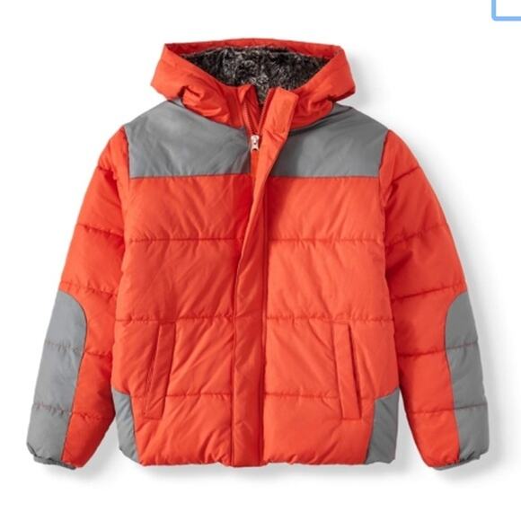 Wonder Nation Boys Orange Gray Full Zip-Up Puffer Jacket Coat Size Large 10-12 - Picture 1 of 9